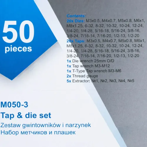 Набор метчиков и плашек 50пр.(М3х0.5,4х0.7,5х0.8,6х1.0,8х1.25,6,8,10-32,10,12-24,1/4-20/28,5/16-18/24,3/8-16/24,7/16-14/20,1/2-13,1/2-20)