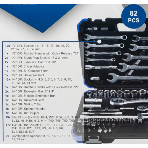 Набор инструментов 82пр. 1/4'', 1/2''(6-гр.) (4-32мм)