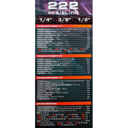 Набор инструментов 222пр. 1/4'', 3/8'', 1/2''(6гр.,12гр.)