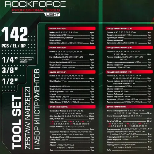 Набор инструментов 142пр. 1/4'', 3/8'', 1/2''(6гр.)