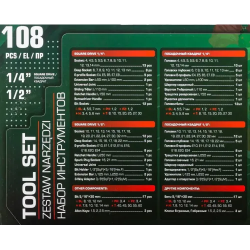 Набор инструментов 180пр. 1/4'', 3/8'', 1/2''(6гр.)