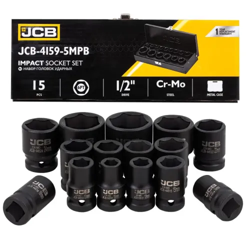 Набор головок ударных, 15пр. 1/2''6гр.(10,12,13,14,15,16,17,18,19,21,22,24,27,30,32мм),в метал. Кейсе