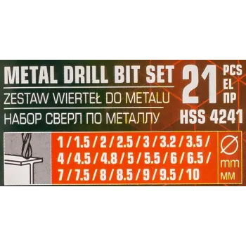 Набор сверл по металлу HSS 21пр.(1,1.5,2,2.5,3,3.2,3.5,4,4.5,4.8,5,5.5,6,6.5,7,7.5,8,8.5,9,9.5,10мм), в пластиковом футляре