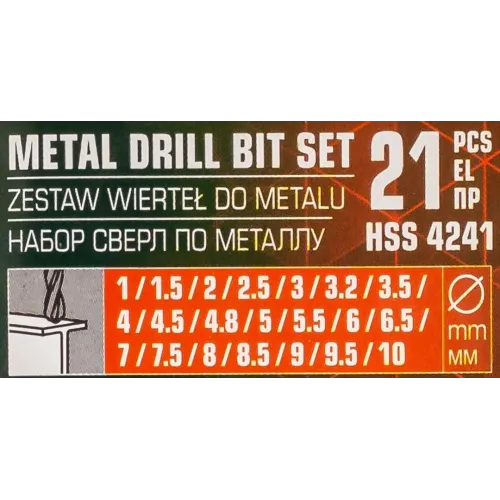 Набор сверл по металлу HSS 21пр.(1,1.5,2,2.5,3,3.2,3.5,4,4.5,4.8,5,5.5,6,6.5,7,7.5,8,8.5,9,9.5,10мм), в пластиковом футляре