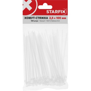 Хомут-стяжка 2.5х100 мм белый (100 шт в уп.) STARFIX