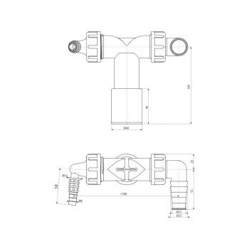 Колено с двумя штуцерами DN40/32 / 8–23 c обратными клапанами, Alcaplast