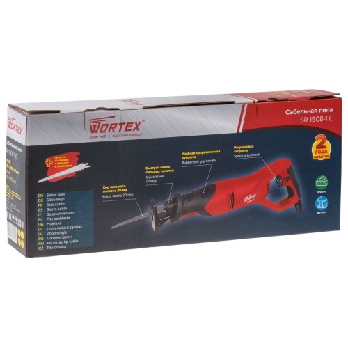 Сабельная пила WORTEX SR 1508-1 E + 2 пильных полотна 800 Вт, дер. 150 мм, ход 20 мм, рег.об