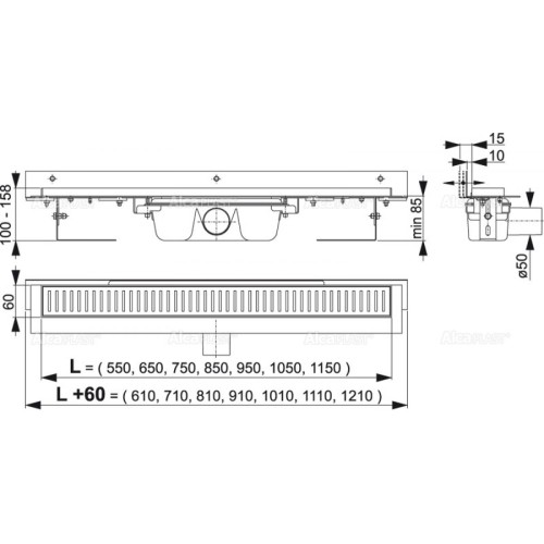 Водоотводящий желоб с порогами для перф. решетки и регул. воротником к стене, APZ4S-950, Alcaplast