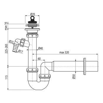 Сифон для мойки с нержавеющей peшeткой DN70 и штуцером, Alcaplast