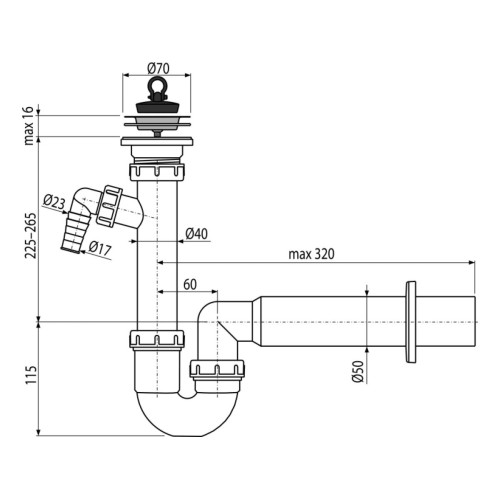 Сифон для мойки с нержавеющей peшeткой DN70 и штуцером, Alcaplast