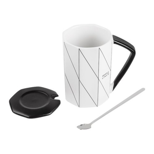 Кружка керамическая с крышкой и ложкой, 380 мл., Simple lines, PERFECTO LINEA