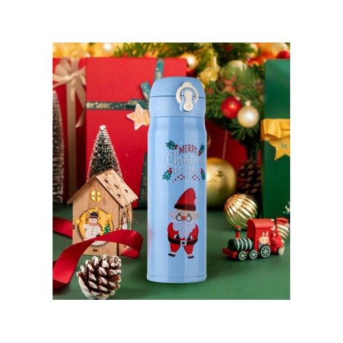 Термос, 480 мл, нержавеющая сталь, MERRY CHRISTMAS, голубой, Санта, PERFECTO LINEA