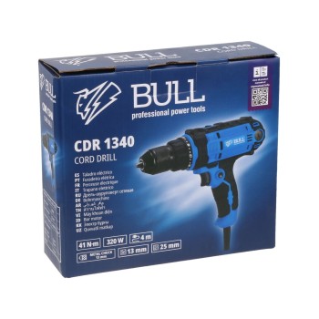 Дрель-шуруповерт BULL CDR 1340 в кор. 320 Вт, 41 Н*м, 2 скор., БЗП(мет.) 13 мм, 4 метра кабель