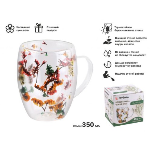 Кружка стеклянная с двойными стенками, 350 мл, серия Flower, PERFECTO LINEA