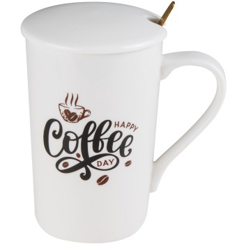 Кружка керамическая с крышкой и ложкой, 350 мл., COFFEE DAY, PERFECTO LINEA