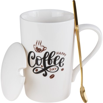 Кружка керамическая с крышкой и ложкой, 350 мл., COFFEE DAY, PERFECTO LINEA