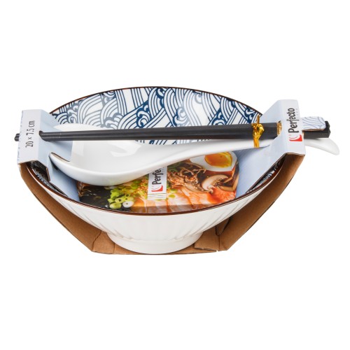 Миска керамическая с ложкой и палочками для еды, серия RAMEN, wave, PERFECTO LINEA