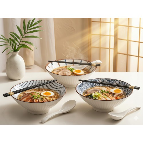 Миска керамическая с ложкой и палочками для еды, серия RAMEN, wave, PERFECTO LINEA