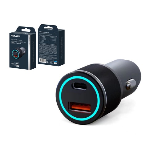 Устройство зарядное автомобильное c двумя портами (USB-C + USB-A) c LED-подсветкой, 48Вт REXANT