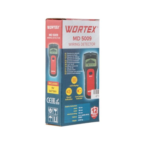 Детектор проводки WORTEX MD 5009 в кор., проводка 50 мм, металл 38 мм, 9 В крона