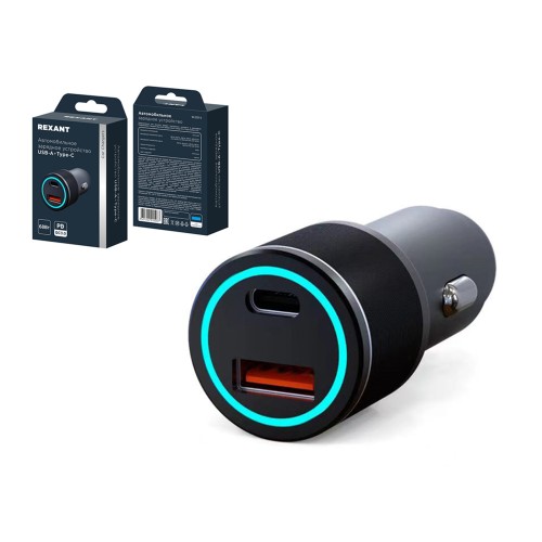 Устройство зарядное автомобильное c двумя портами (USB-C + USB-A) c LED-подсветкой, 68Вт REXANT