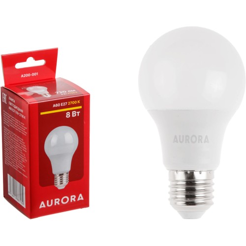 Лампа светодиодная A60 СТАНДАРТ 8Вт 230В E27 2700K AURORA