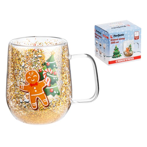 Кружка стеклянная с двойными стенками, 380 мл, серия CHRISTMAS-2, PERFECTO LINEA