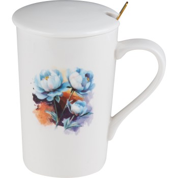 Кружка керамическая с крышкой и ложкой, 350 мл., PEONY, PERFECTO LINEA