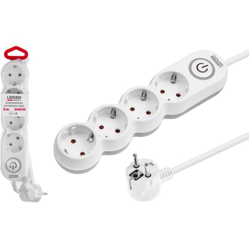 Удлинитель 3м (4 роз., 3,5кВт, с/з, выкл, ПВС 3х1,5) LEIDEN ELECTRIC