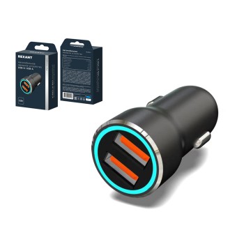 Устройство зарядное автомобильное c двумя портами (USB-A + USB-A) c LED-подсветкой, 12Вт