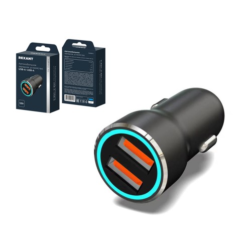 Устройство зарядное автомобильное c двумя портами (USB-A + USB-A) c LED-подсветкой, 12Вт