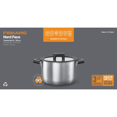 Кастрюля стальная с крышкой 5л/22 см Hard Face FISKARS