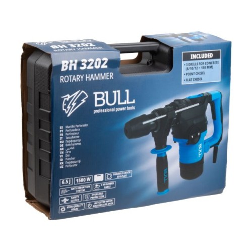 Перфоратор BULL BH 3202 1500 Вт, 32 мм, 2 реж. + 2 зуб., 3 сверла, SDS-plus