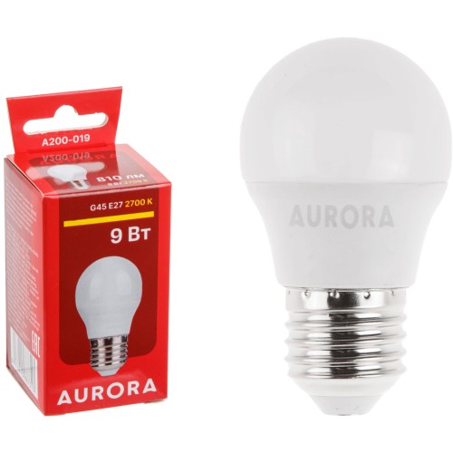 Лампа светодиодная G45 ШАР 9Вт 230В E27 2700K AURORA